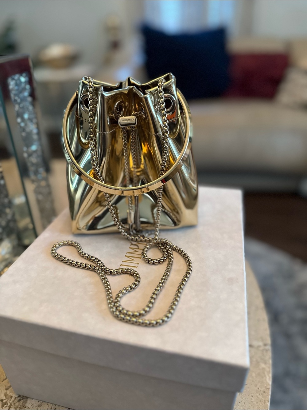 Jimmy Choo Gold Metallic Mini Drawstring Bucket Bag - Picture 9 of 13